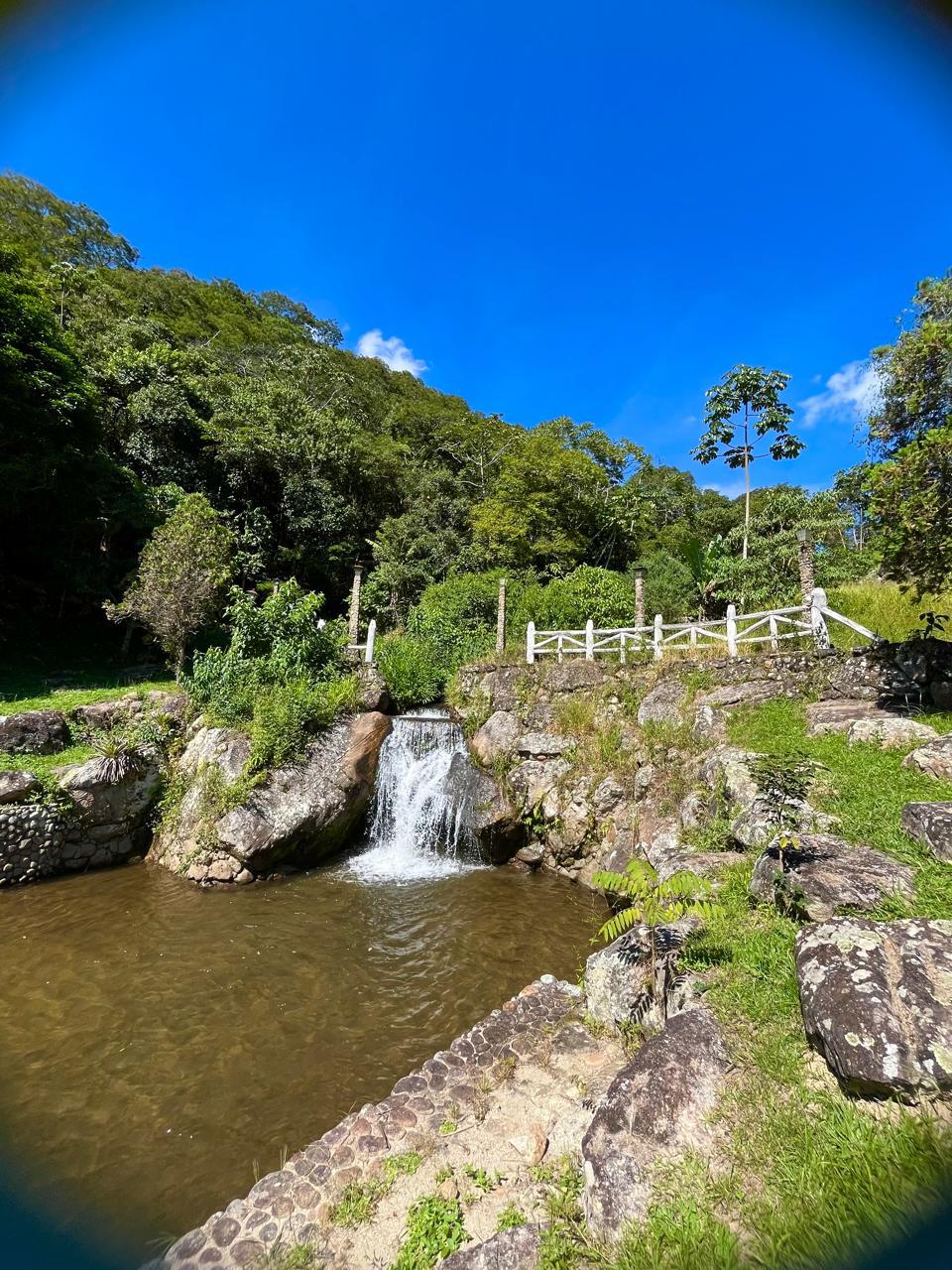 Cachoeira e lago entre as pedras e a mata